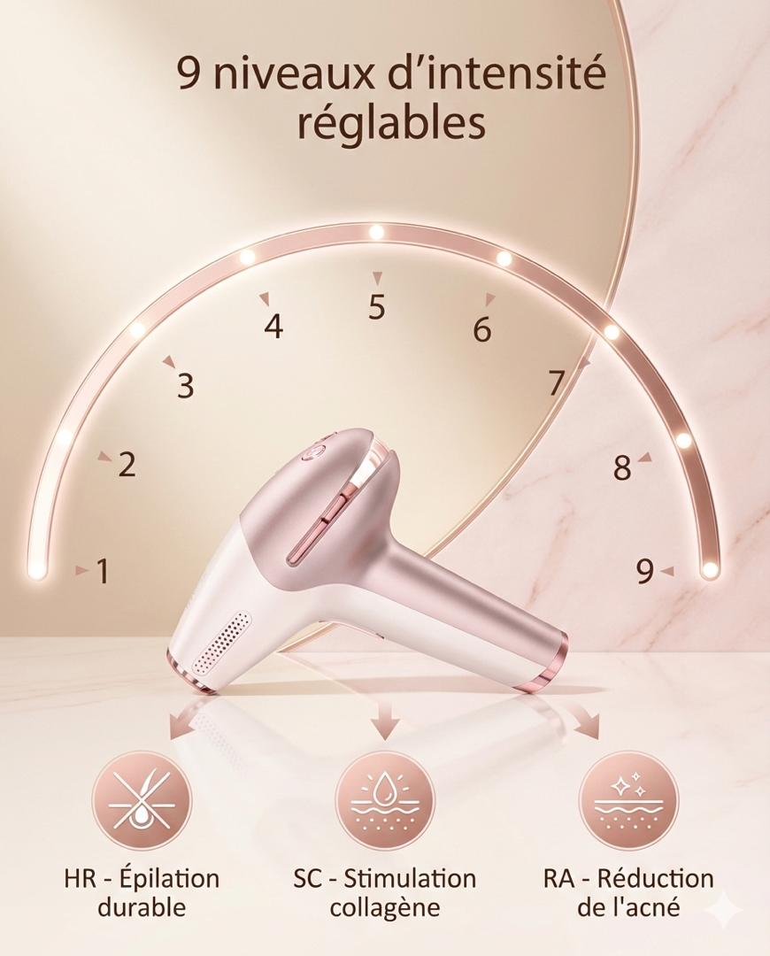 Épilateur IPL Rechargeable -Épilation durable à domicile | 9 Niveaux d'Intensité
